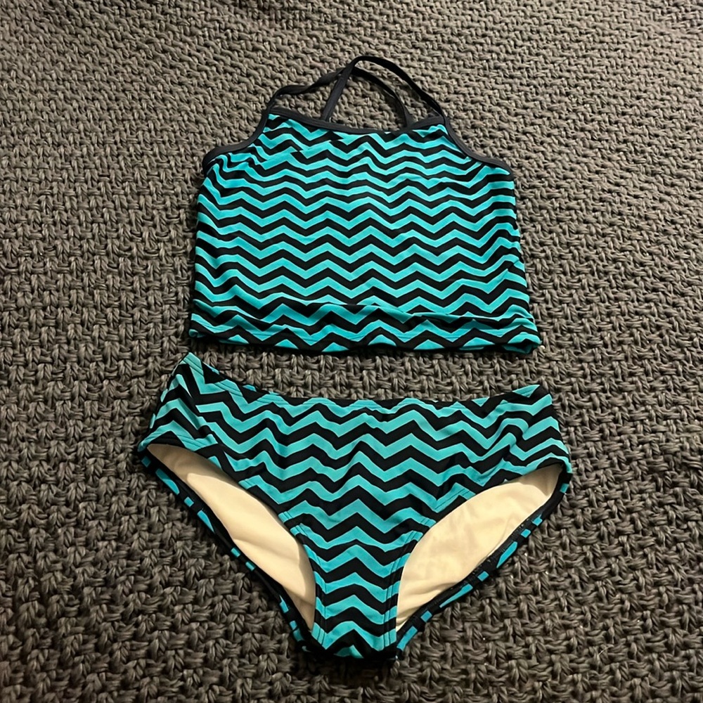 Turquoise striped swim suit in size 14